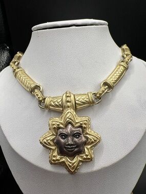 Vintage matte gold tone sun face necklace